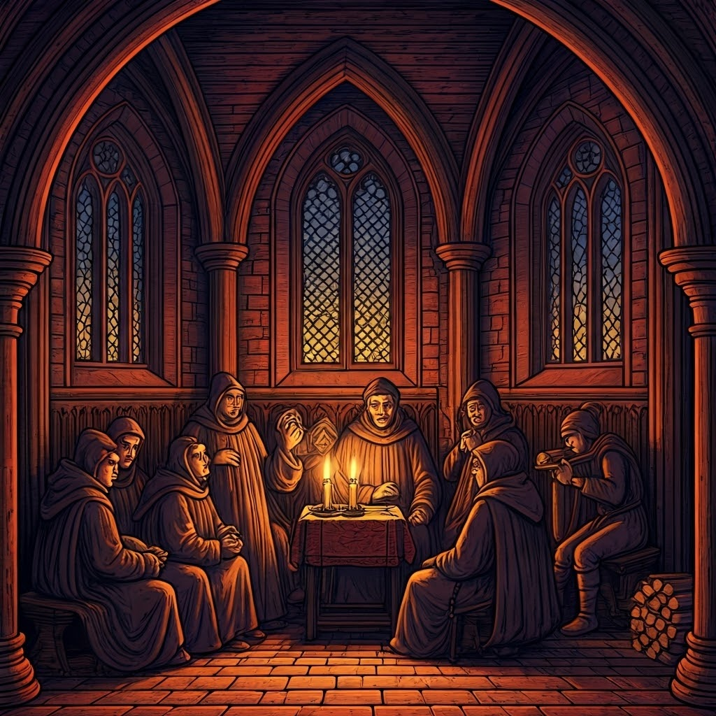Rich digital concept art of novices hearing a senior monk by candlelight while others haul supplies outside, illustrating varied duties and shared purpose.
