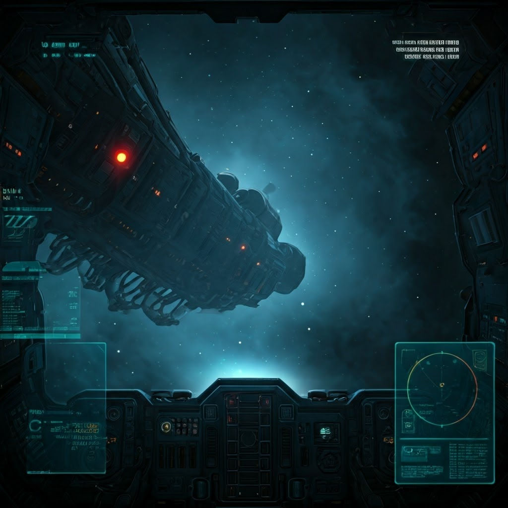 Spacecraft with dark panels drifting, red alarms lit, yet holographic vector remains stable.