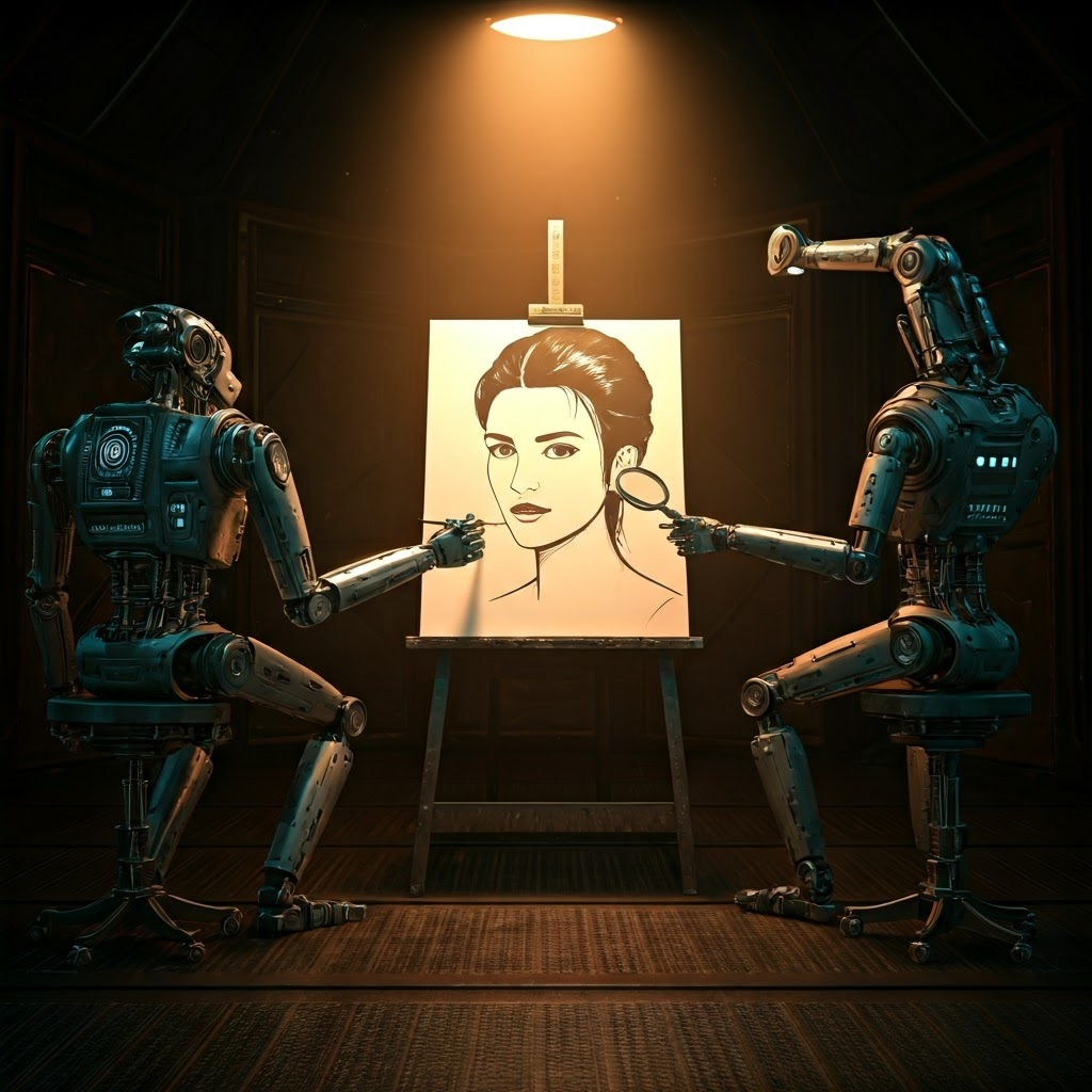 Two futuristic robots stand in an art studio, one painting while the other inspects the canvas—showing AI models competing and improving together.
