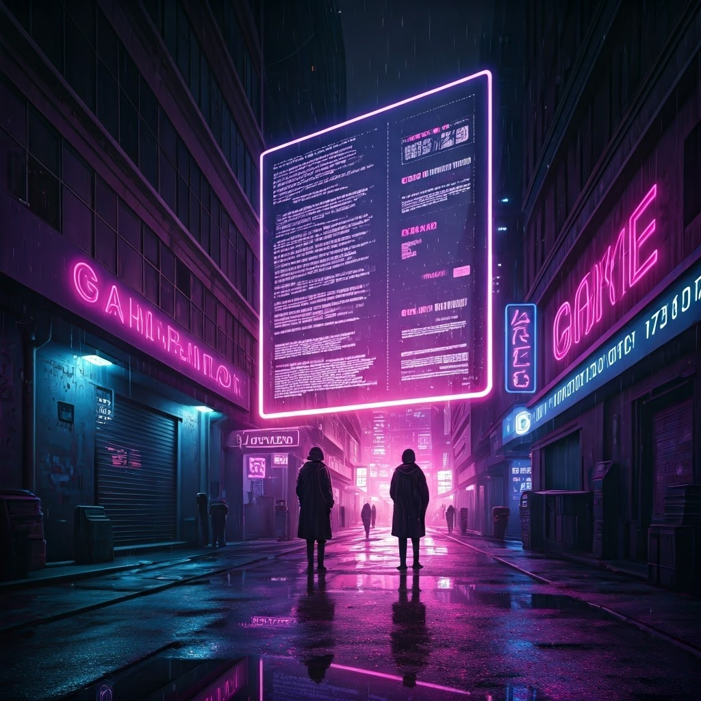 Glowing holographic phonebook in a neon-lit cyberpunk city, showing domain names beside IP numbers to illustrate how DNS links names and addresses