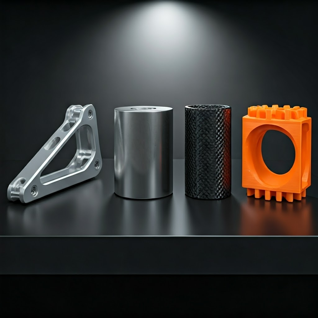 Four material samples—aluminum, steel, carbon fiber, and bright 3D-printed polymer—displayed on a sleek shelf for quick comparison.