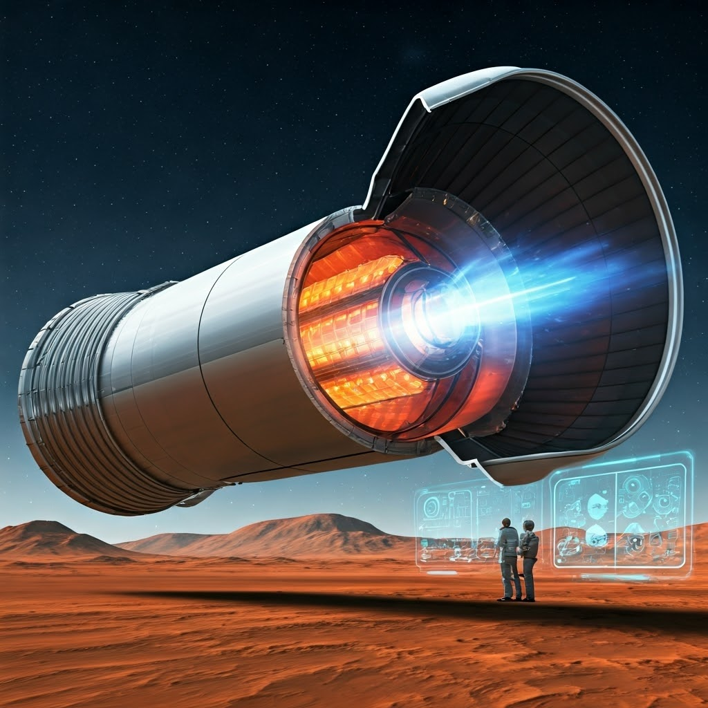 A cutaway of a nuclear thermal rocket shows a glowing reactor core heating hydrogen that escapes as blue-white exhaust over a Martian vista