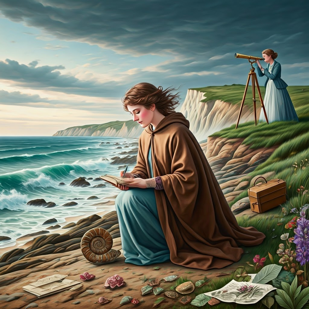 Mary Anning collecting fossils on a windswept shore while Caroline Herschel observes the sky, portraying women’s fieldwork in science.