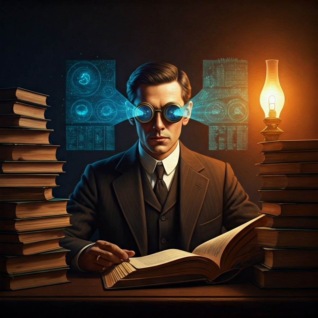 A steampunk-era writer wearing brass goggles that project swirling holograms in a dim study, capturing the birth of VR ideas in classic science fiction