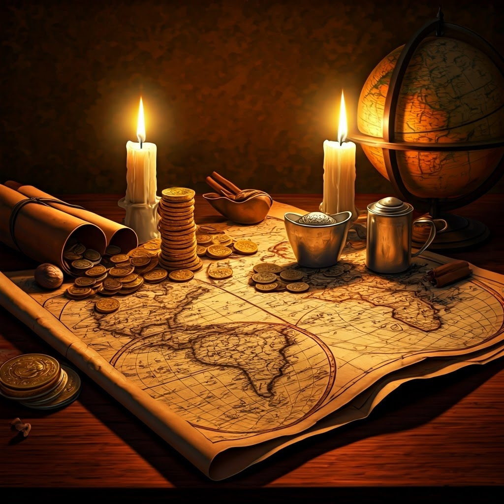 Candlelit table with maps, coins, and Asian spices, symbolizing the wealth flowing through new sea lanes
