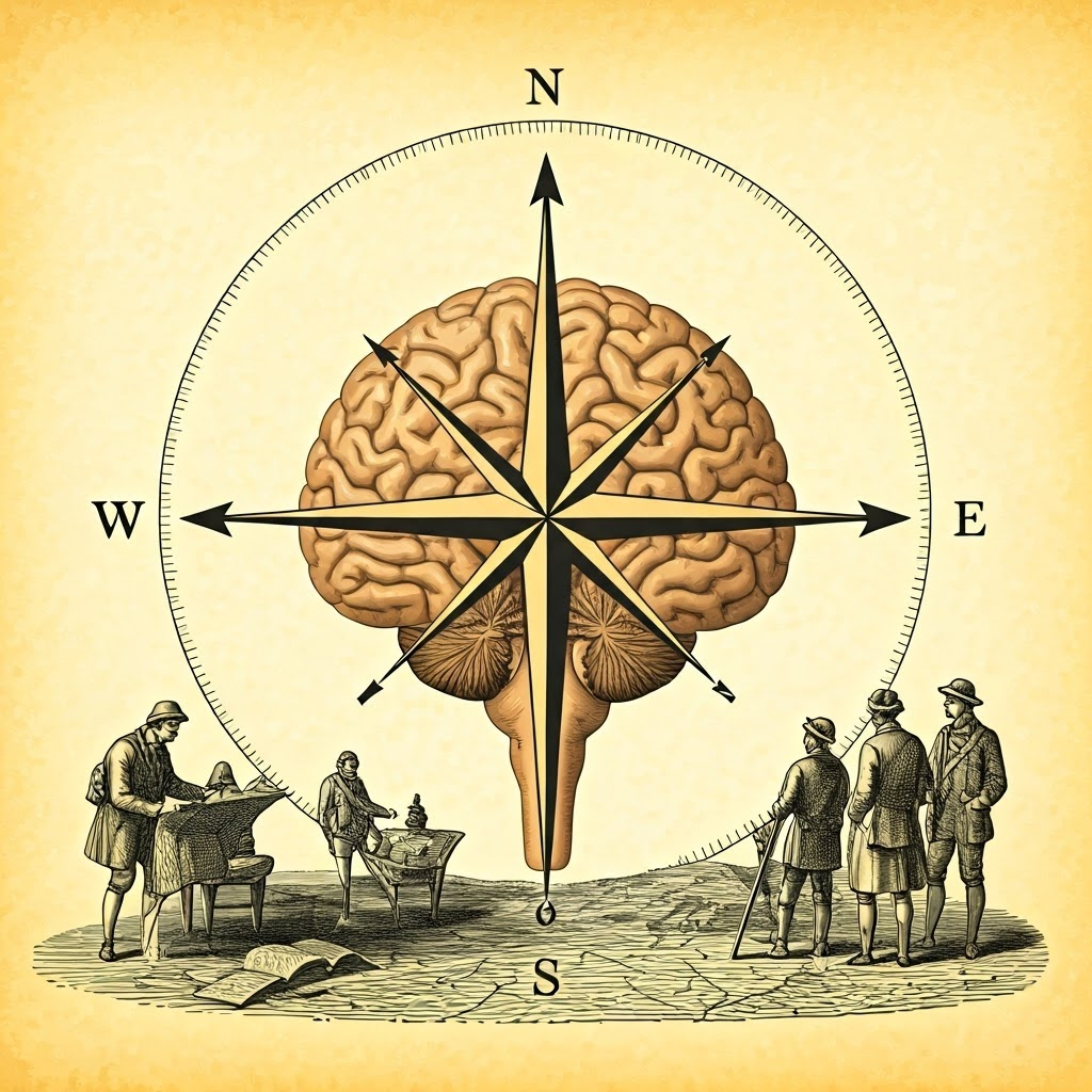 Antique compass overlay on a brain showing rostral, caudal, dorsal, and ventral directions