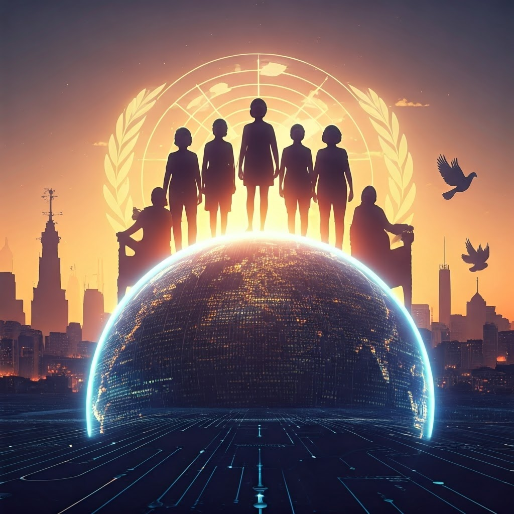 Diverse women stand on a glowing digital globe with symbols of thrones, ballots, and peace doves on the horizon