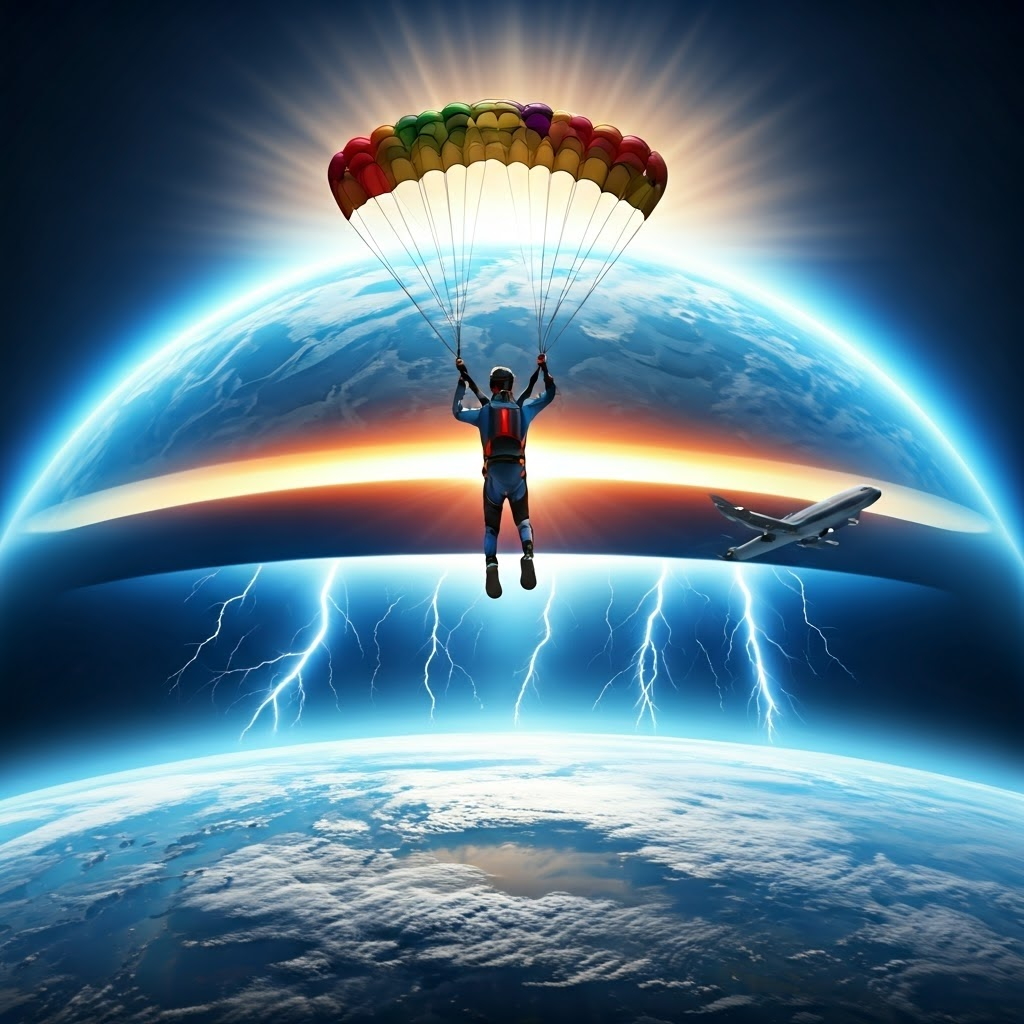3D cross-section of Earth showing the busy troposphere with storms and planes below a calmer stratosphere and glowing ozone layer