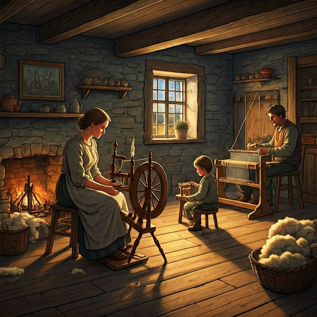 Family spinning and weaving together by firelight in a rustic English cottage, showing teamwork before factories.