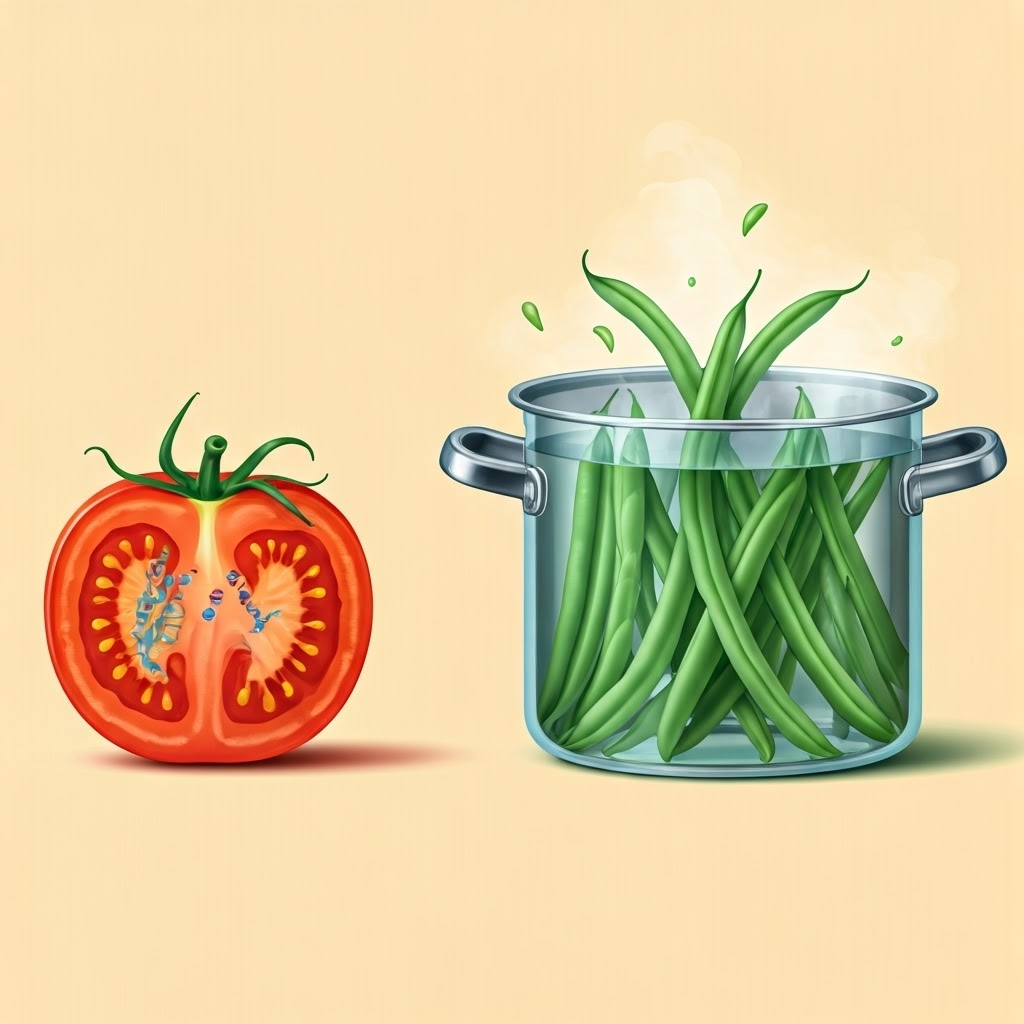 Half tomato shows enzymes breaking pectin; nearby, beans blanch to halt the process.