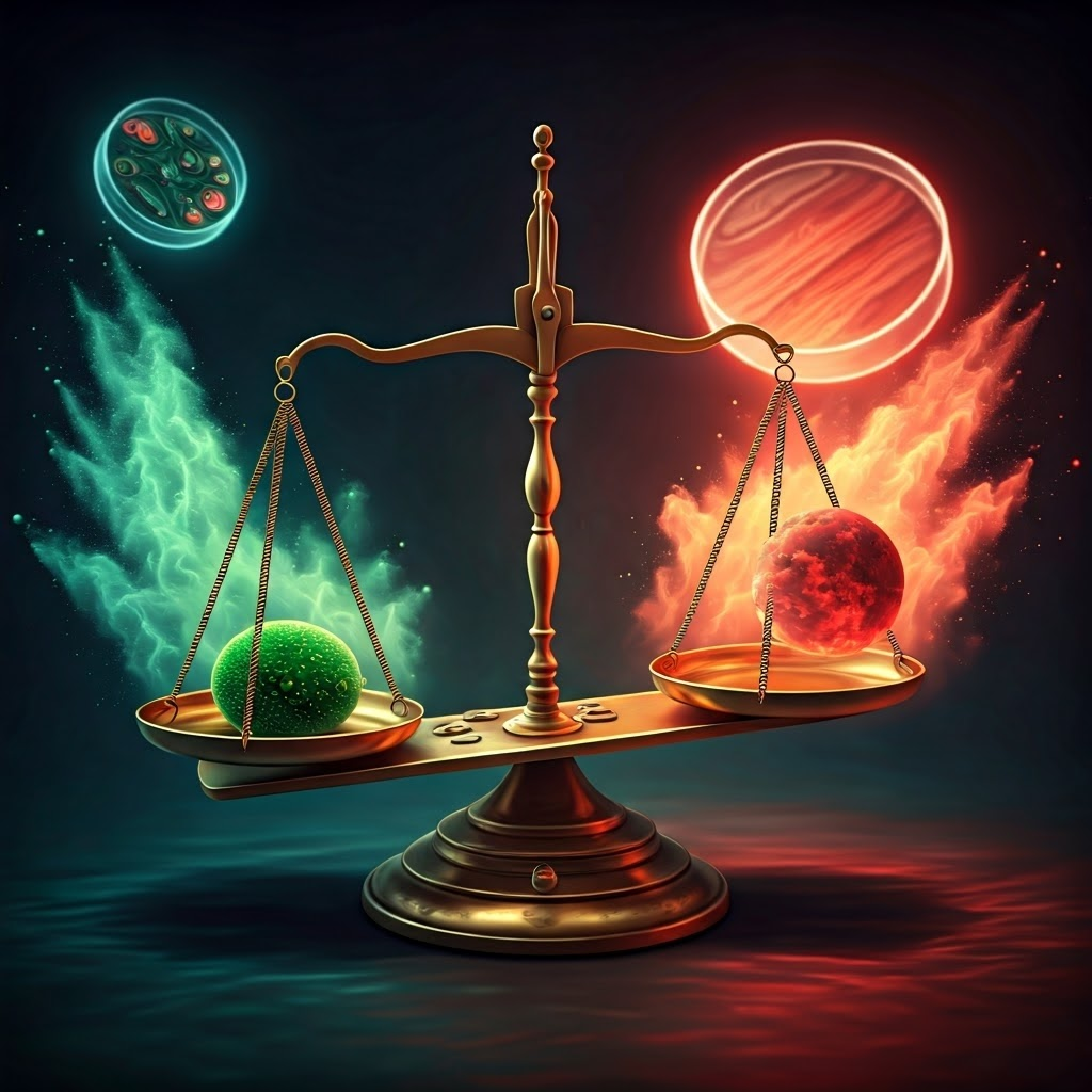 Golden scales balance a green microbe against a glowing red planet, visualizing the delicate trade-off between protecting science and safeguarding alien worlds.