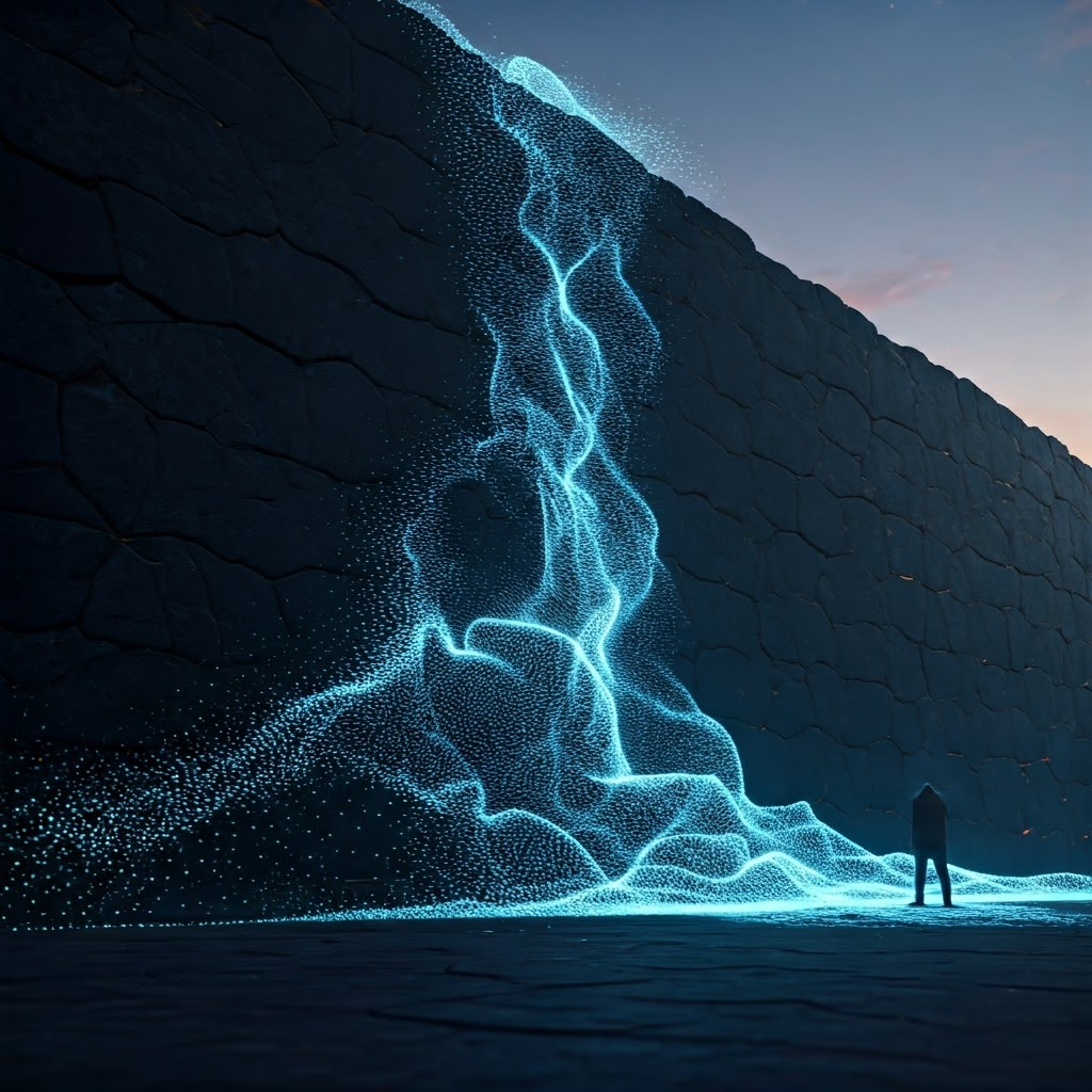 Glowing particle mist hovers near a cracked stone barrier at twilight, hinting at hidden pathways.