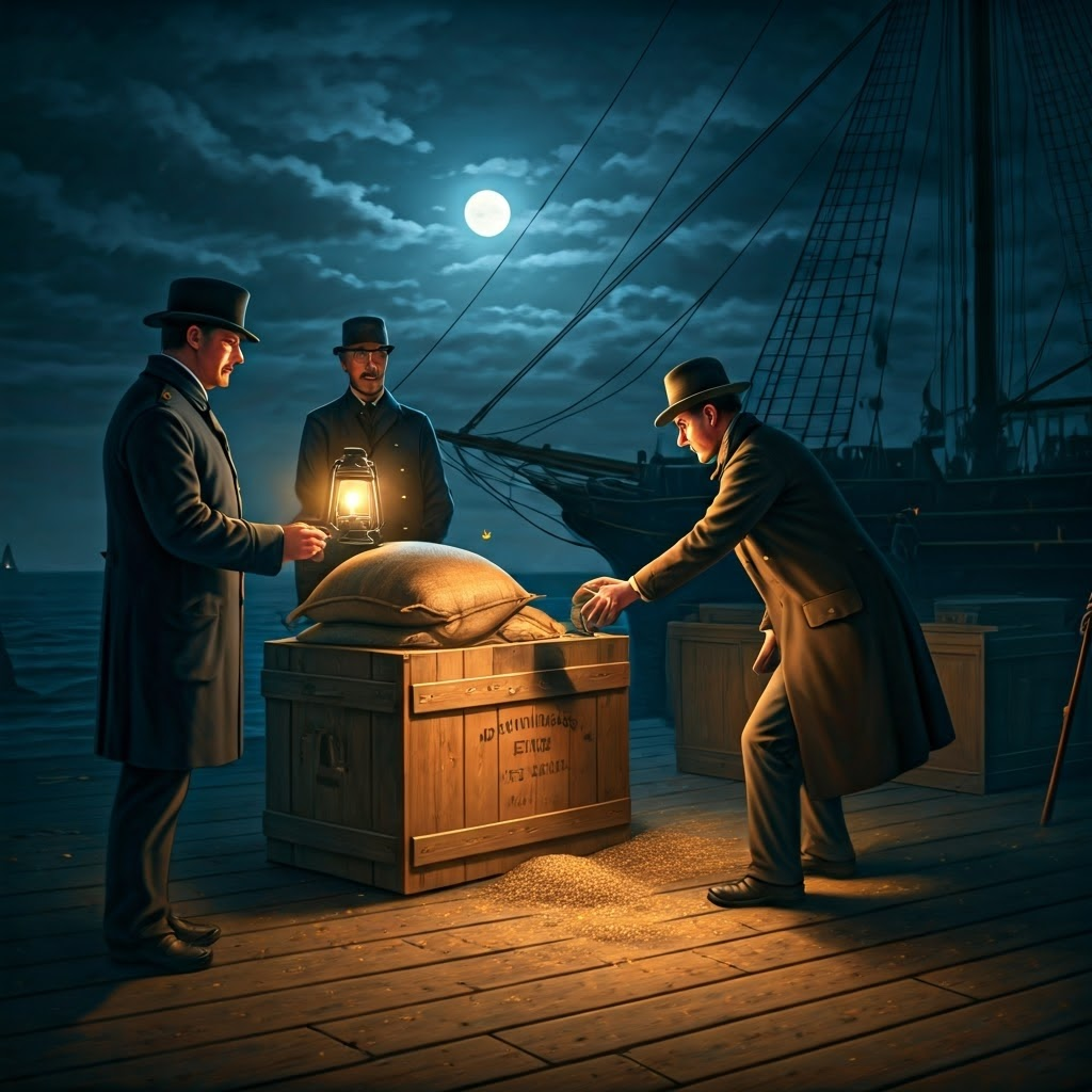 Victorian officers inspecting crates while a nervous engineer hides machinery parts under grain sacks; moonlit harbor in the background.