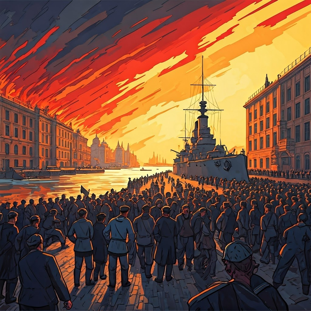 Bold expressionist poster depicts rioting workers and the Potemkin mutiny, emphasizing the chaos of Russia's 1905 Revolution.