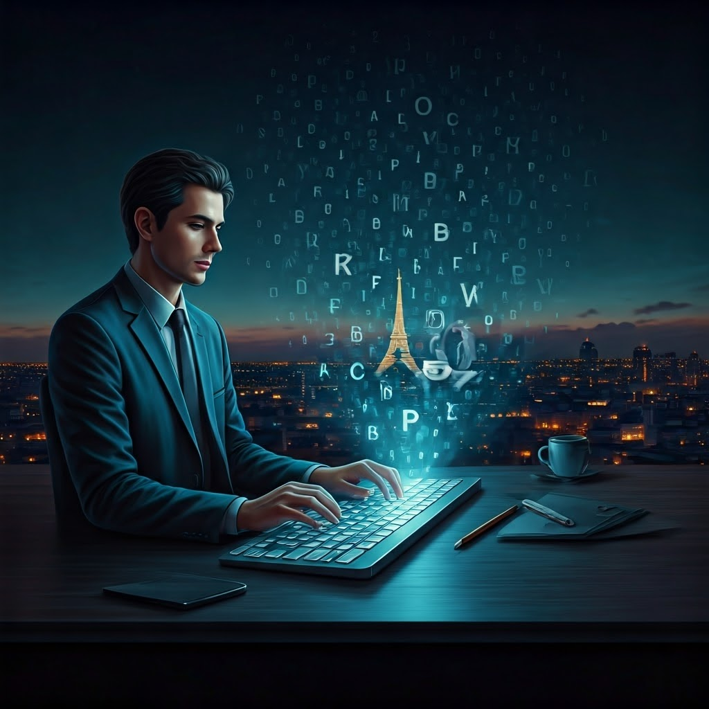 Glowing letters from a holographic keyboard become tiny scenes of a robot in Paris, visualizing text-to-image generation.