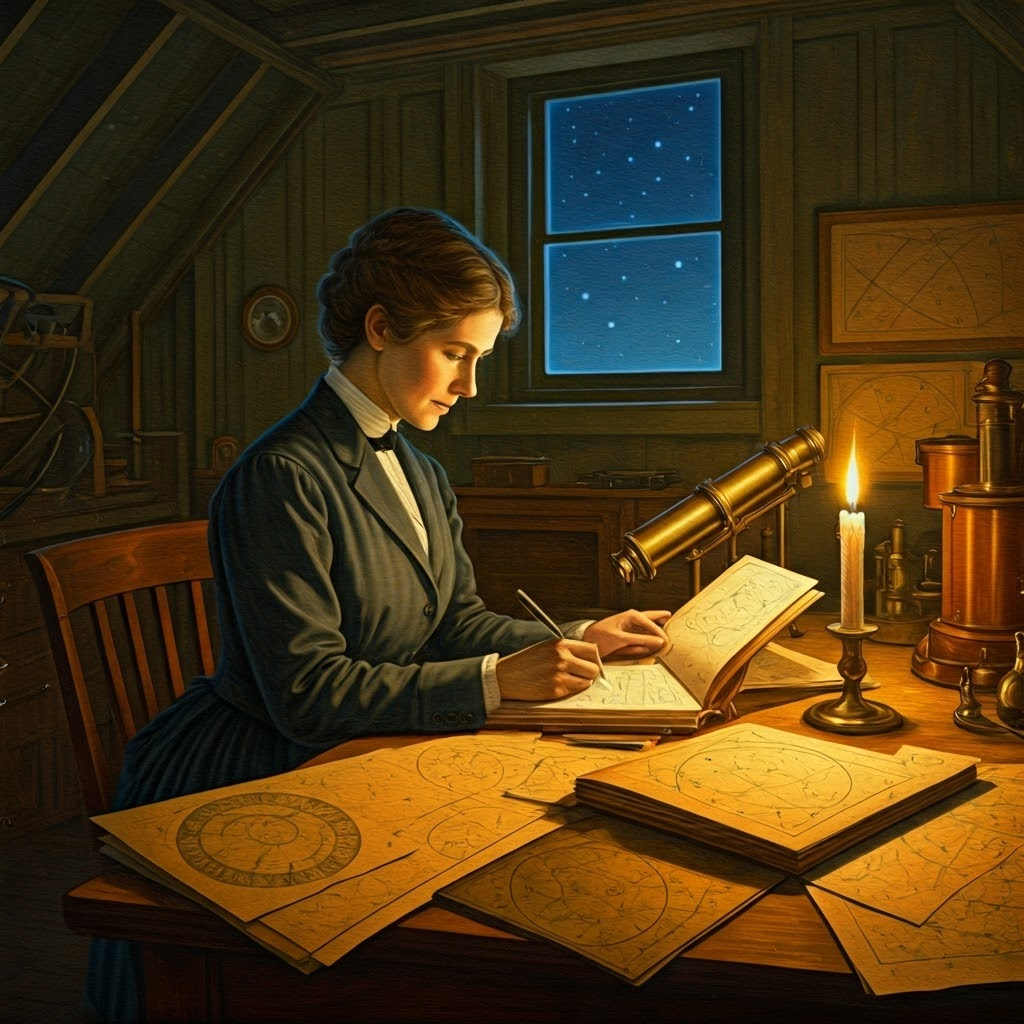 Historical illustration of Henrietta Leavitt studying star plates in a warm-lit observatory room.