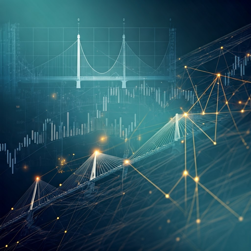 Blueprint collage of bridges, pendulums, orbits, and graphs linked by golden lines to illustrate Newtonian order.