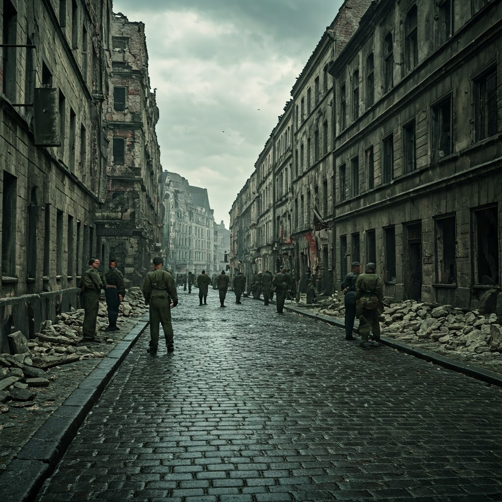 Rain-soaked post-war Berlin street where soldiers from four Allied nations stand guard between ruined buildings, hinting at a city split into rival zones.