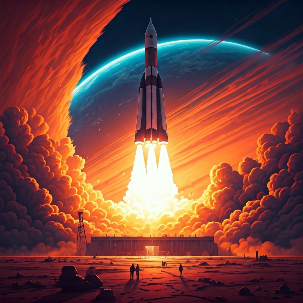 A towering rocket lifts off a red launchpad, engines blazing as observers watch from a barren plain.