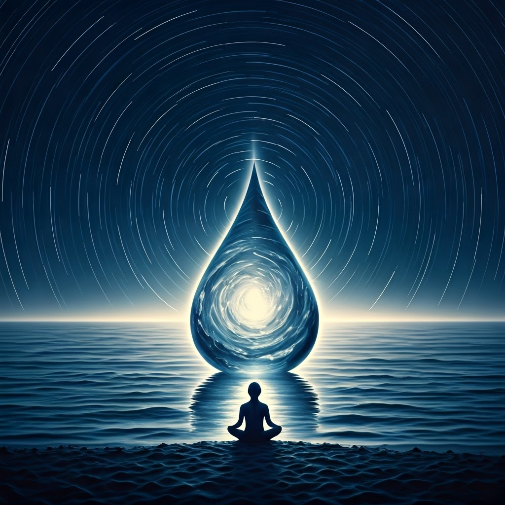 A single water droplet merges into a vast night-lit ocean while a meditator watches, symbolizing unity of self and cosmos.