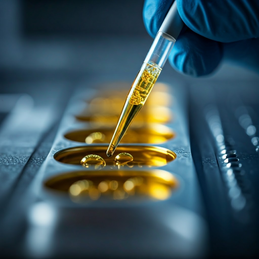 Macro photo of a microfluidic device showing fluorescent droplets and a gloved hand guiding a precision pipette, highlighting single-cell barcoding technology.