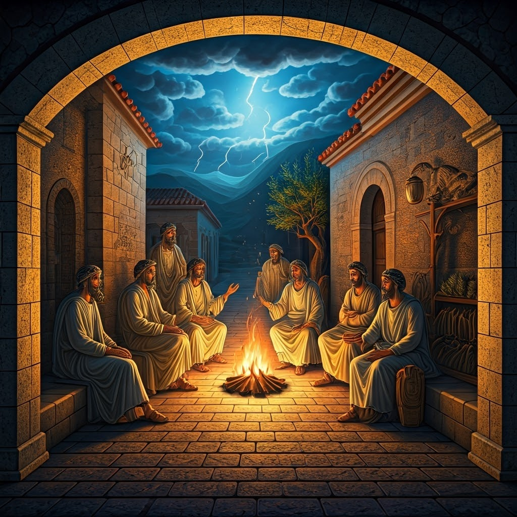 Ancient Greeks gather at dusk around a fire listening to mythic tales in a village square.