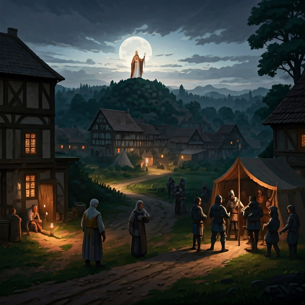 High-contrast digital painting of a medieval village at dusk. A richly robed pope surveys church estates while peasants work fields and armored lords confer below, hinting at rising tension between sacred and secular power.