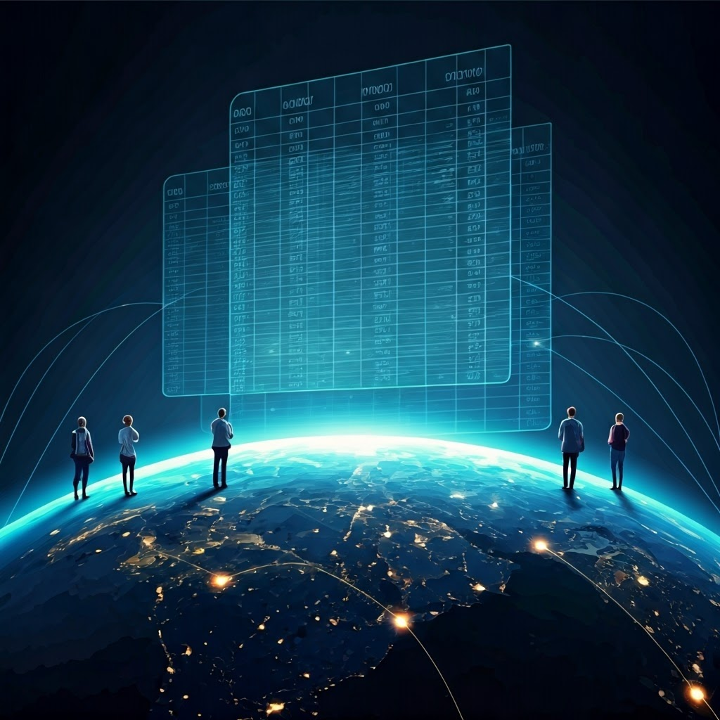 A glowing public ledger floating above Earth with live transaction lines connecting digital wallets worldwide.