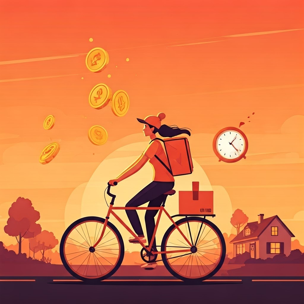 A woman courier pedals at sunset; icons of falling coins and a broken clock reveal gig instability.