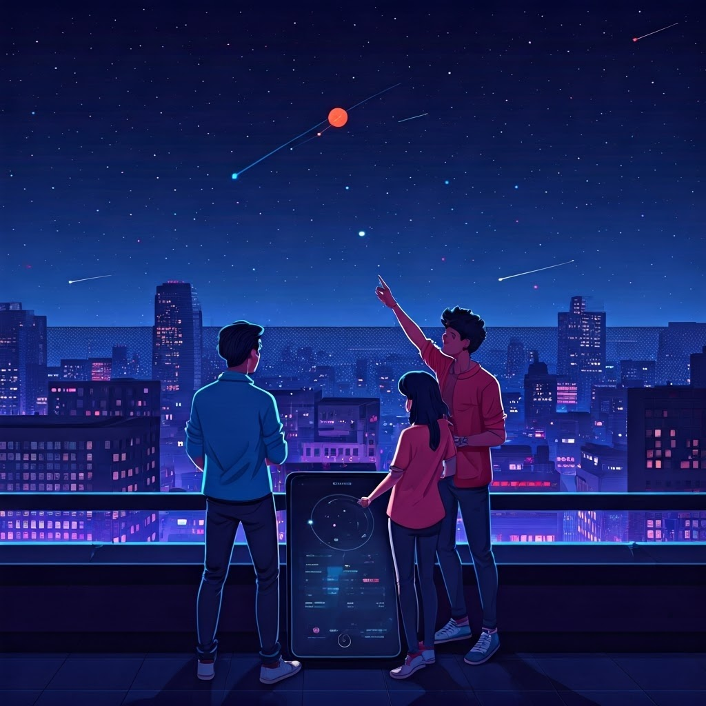 Friends on a city rooftop use a smartphone stargazing app; one points to a labeled red dot marking Mars.