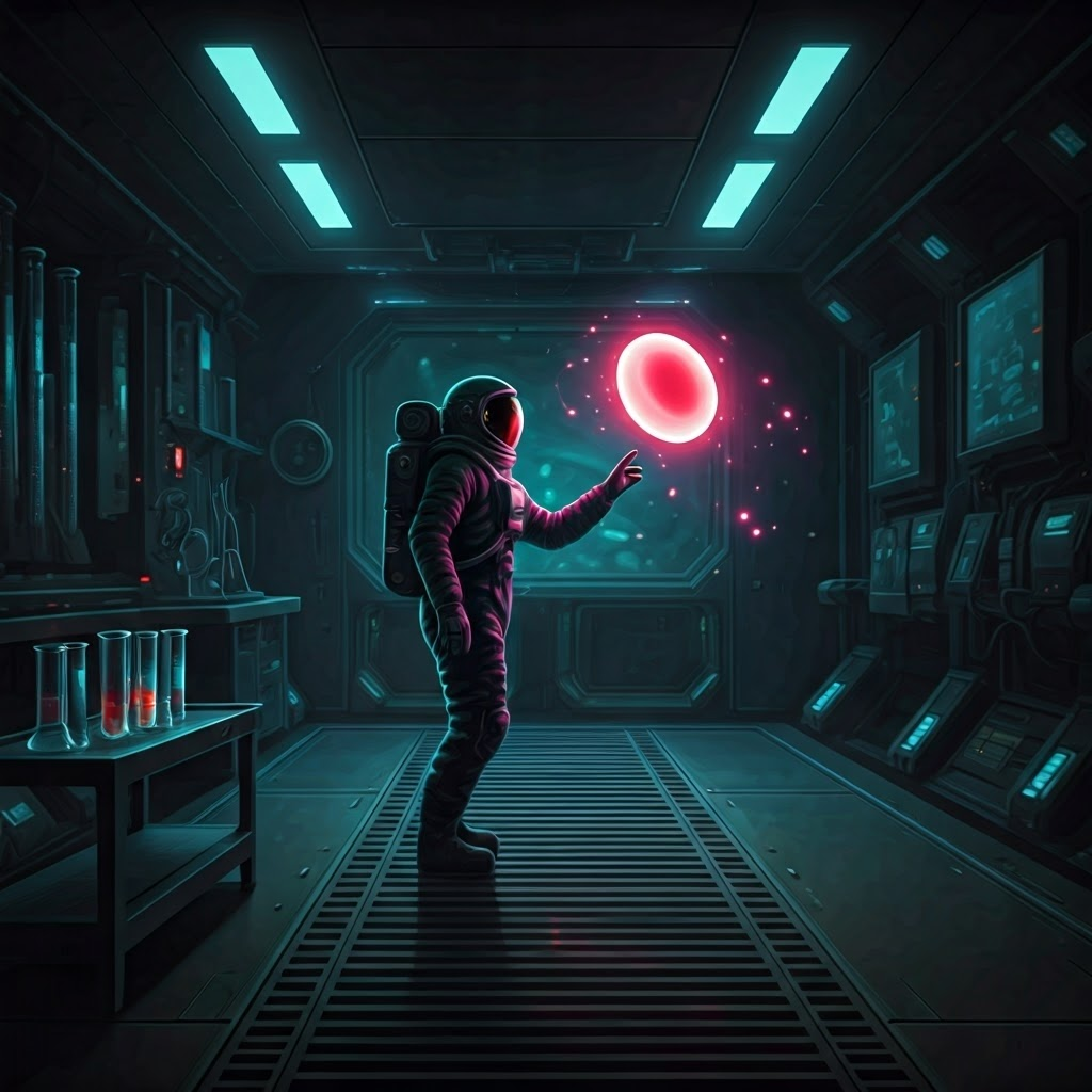An astronaut reaches for a floating white blood cell inside a dim lab module