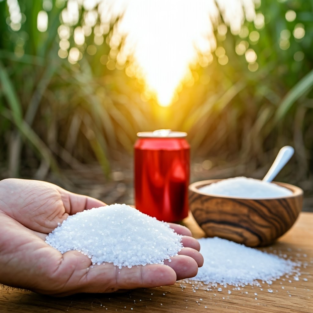 Sunlit sugarcane field with hand holding refined sugar, linking natural source to table sugar.
