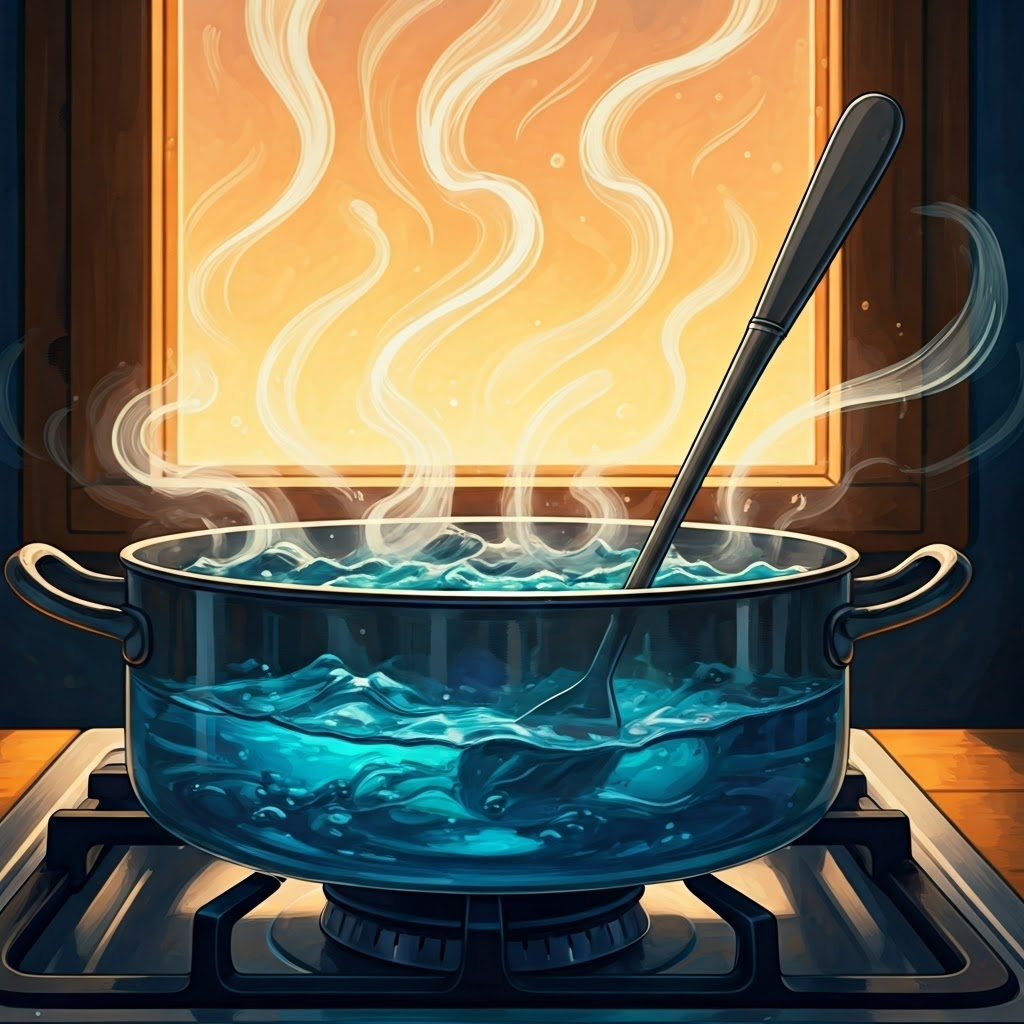 Side view of a bubbling pot with a metal spoon; heat waves rise while cooler outdoor air shows through a window.