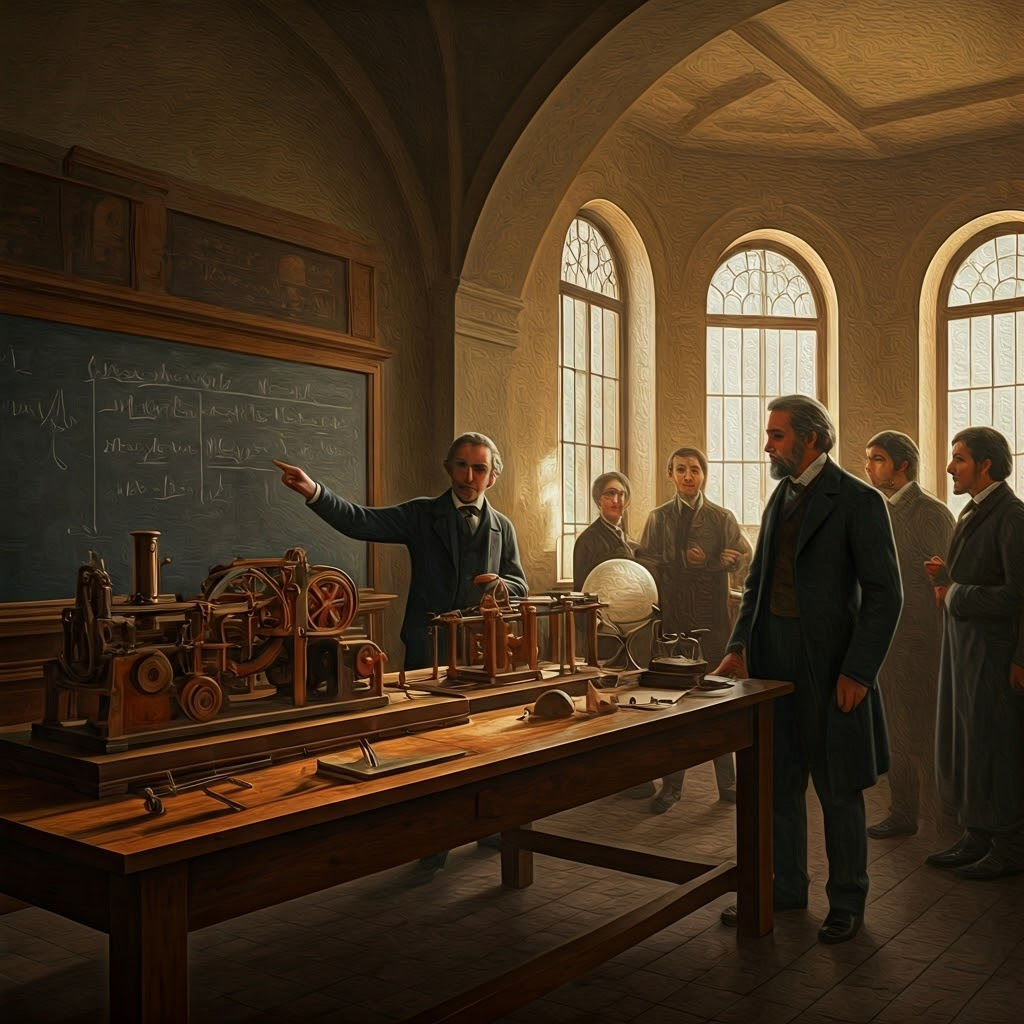 Victorian physics classroom: antique steam model on a table while a teacher points to thermodynamic equations on a chalkboard