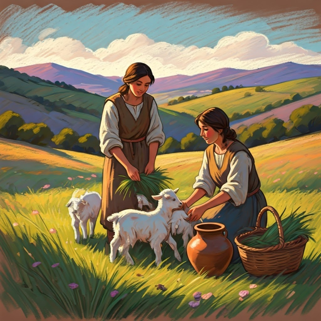 Chalk pastel illustration of villagers gently herding young goats across soft hills.