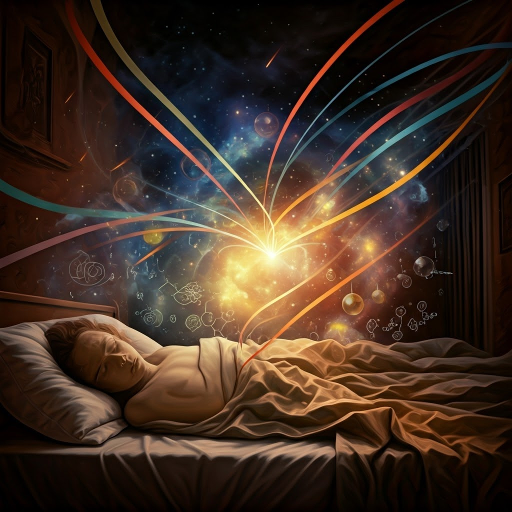 Dream clouds swirl with memories, emotions, and symbols, showing the mind weaving experiences into dreams