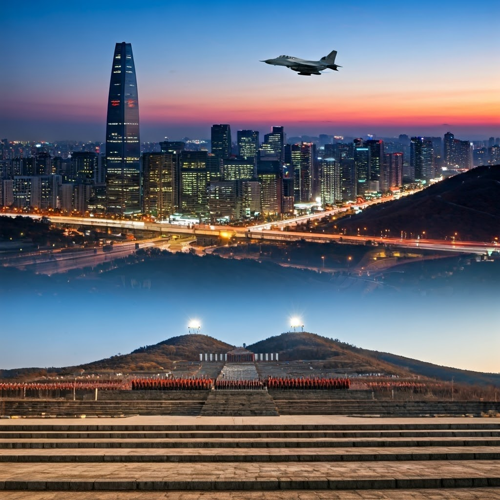 A modern Seoul skyline glimmering at twilight with a military jet flying overhead, contrasted with a stark, isolated North Korean military parade on barren hills under cold floodlights. Style: futuristic photorealistic composite with vibrant city lights.