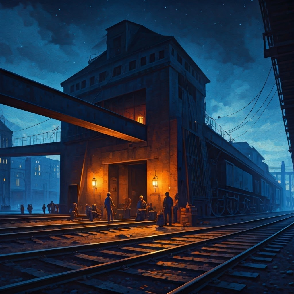 Lantern-lit engine house at night with the beam silhouetted, symbolizing a turning point in power history