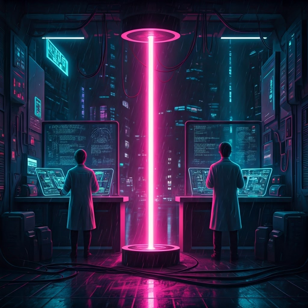 Scientists in separate neon labs linked by a bright quantum beam, each studying entangled particles