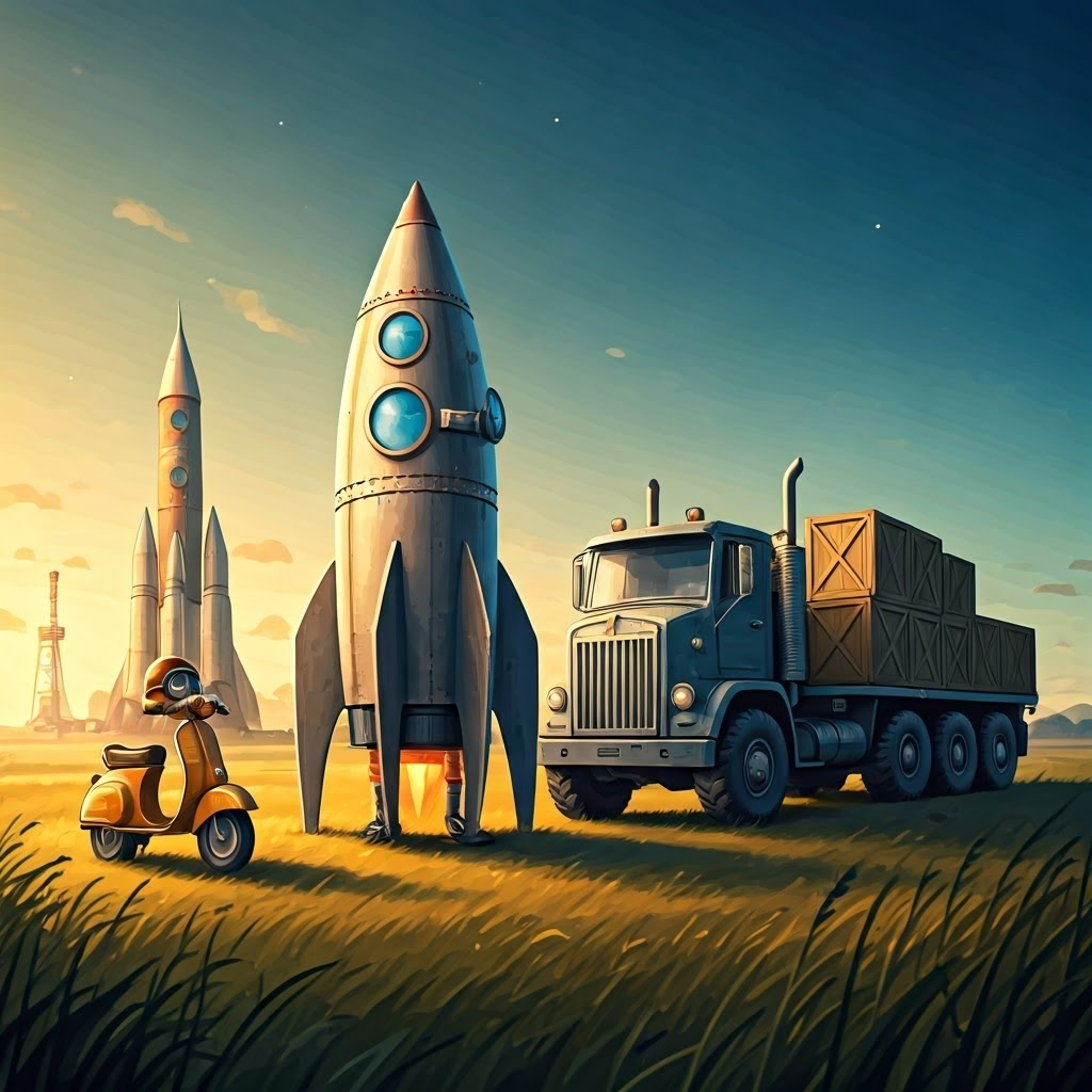 Illustration of three differently sized rockets lined up like a family of vehicles at sunset, highlighting their varied roles from small research flights to heavy cargo missions