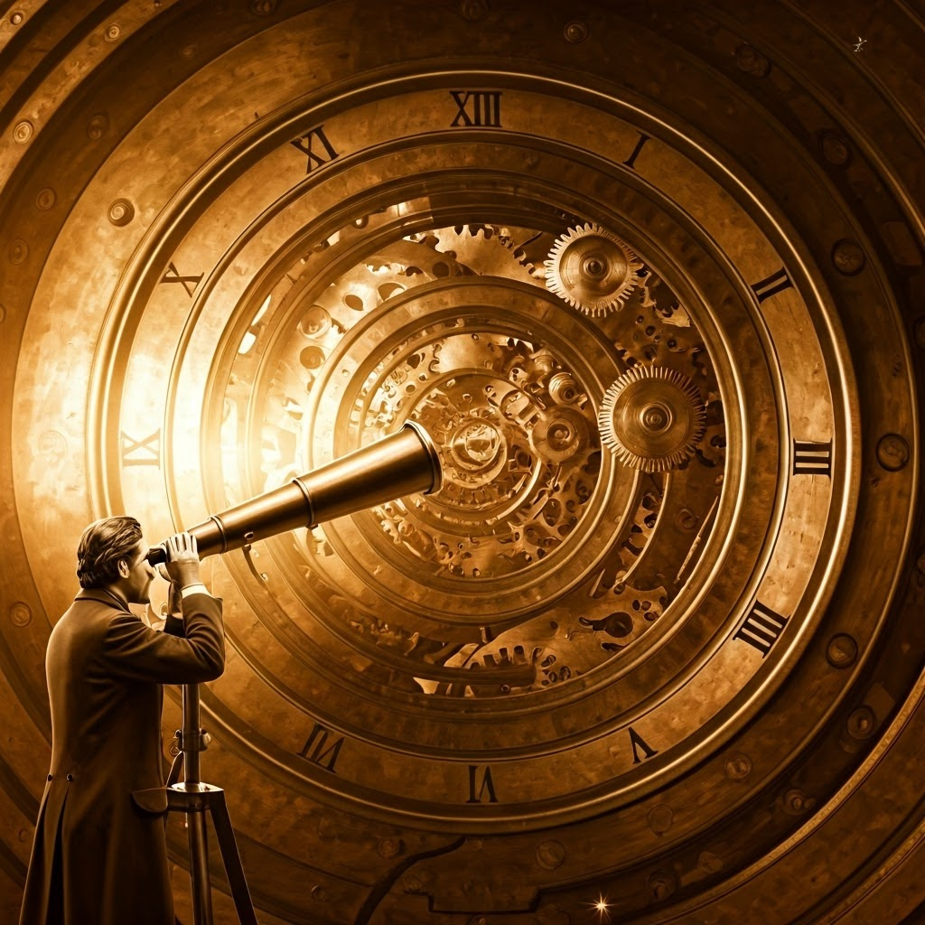 Brass gears the size of planets interlock in a vast steampunk cosmos while a Victorian astronomer studies the sky through a telescope, symbolizing a clockwork universe.