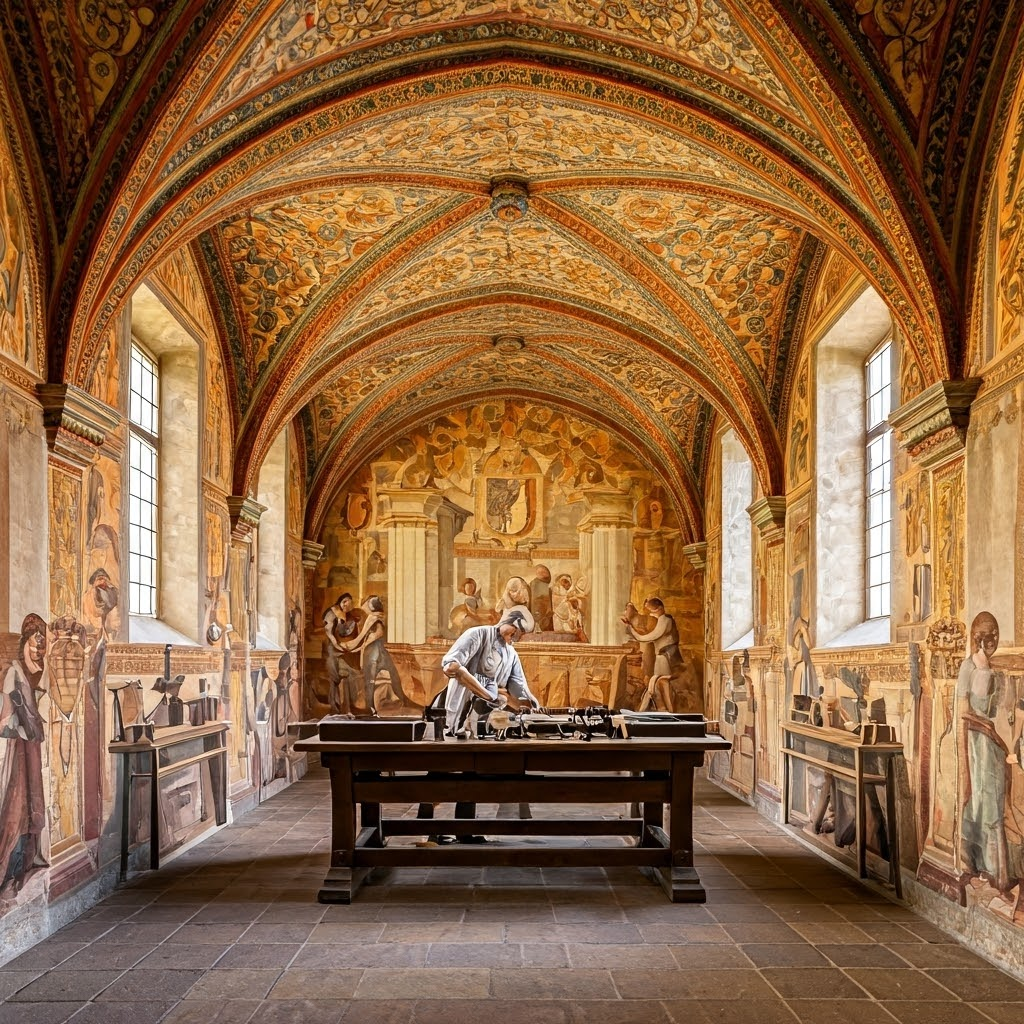 Medieval guild hall fresco showing varied trades working side by side