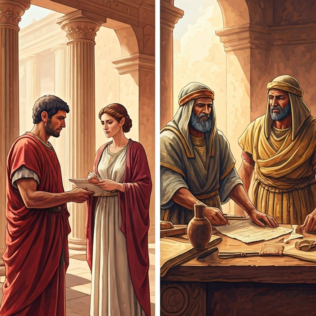Two scenes: Roman citizens sign a contract while foreign traders exchange goods over a ledger