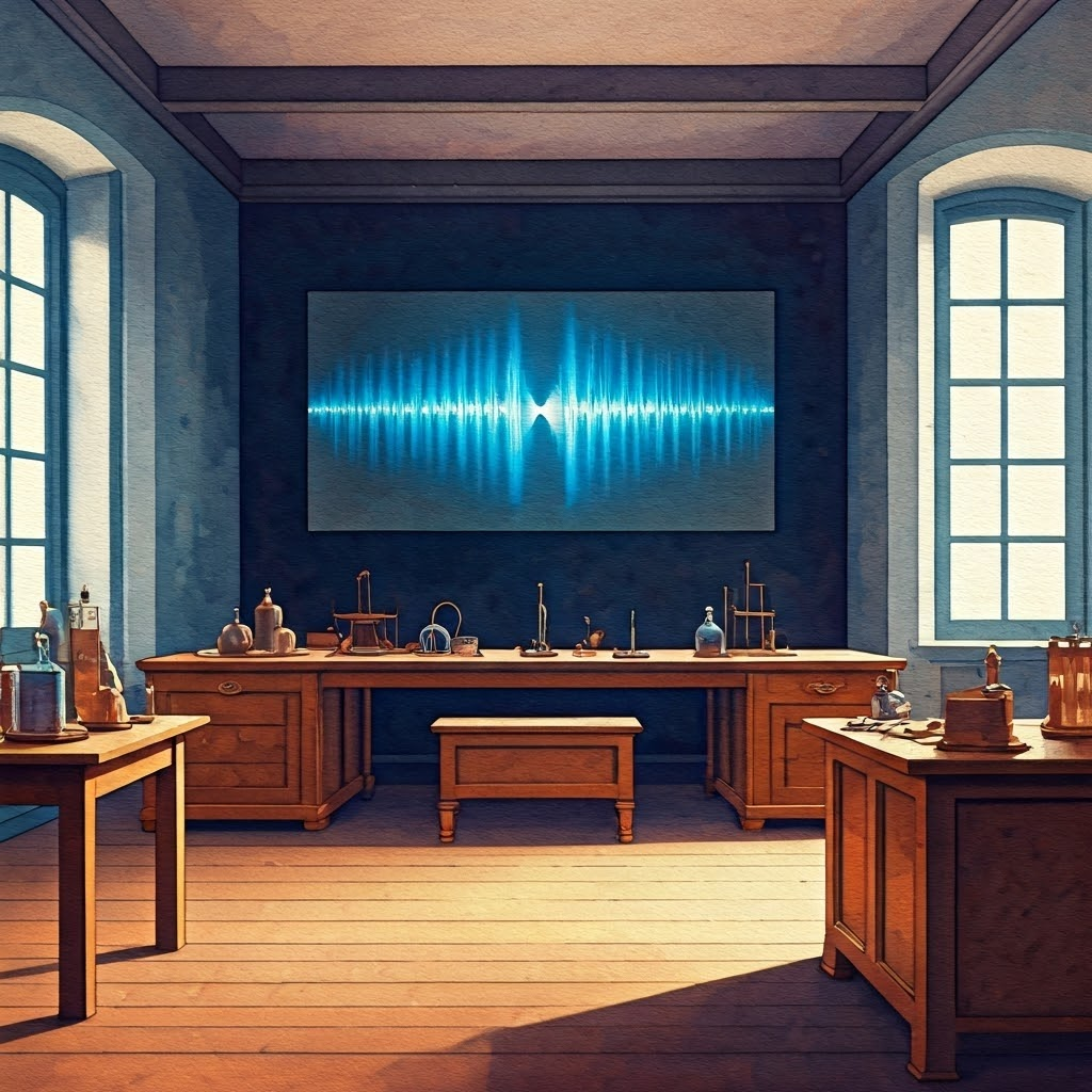 Beam of light splits through two slits, forming bright and dark bands on a screen.