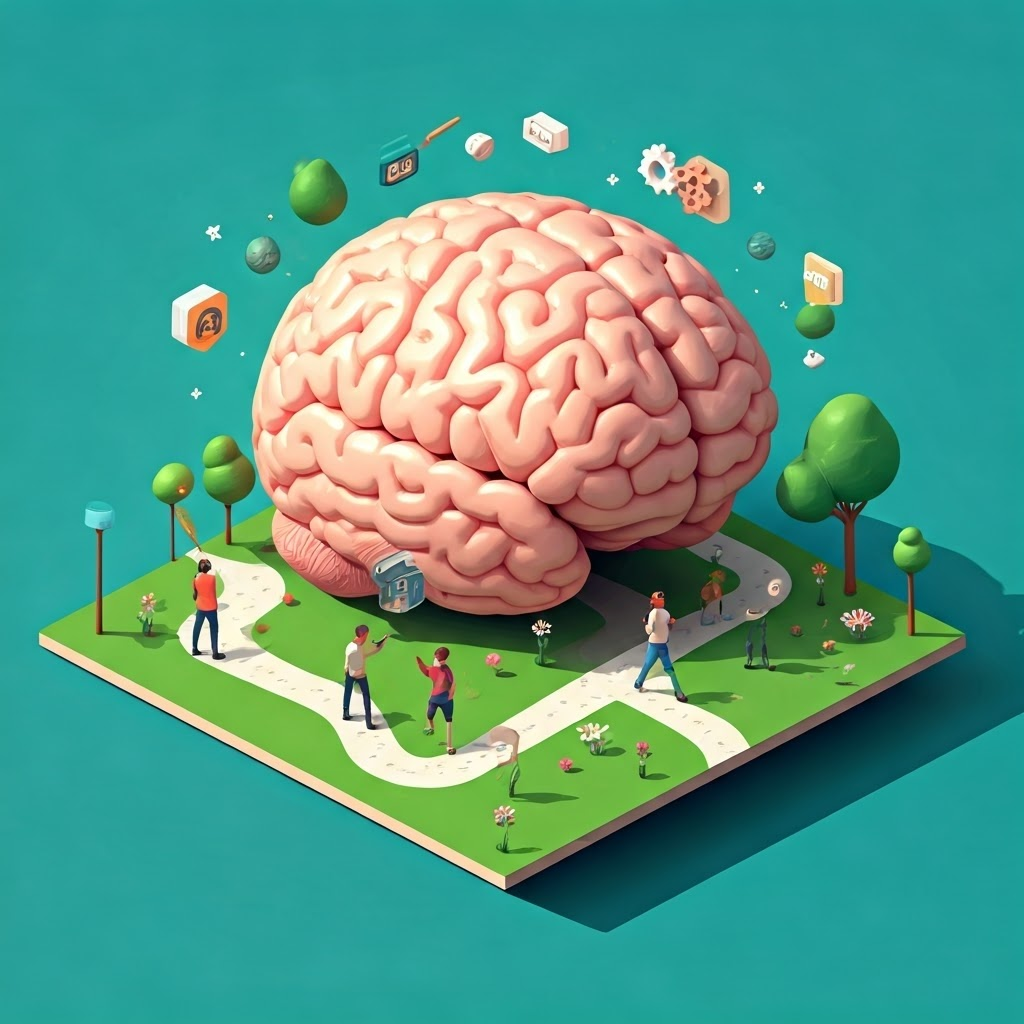 Isometric brain-shaped park where people read, play, and explore, symbolizing lifelong neural growth.