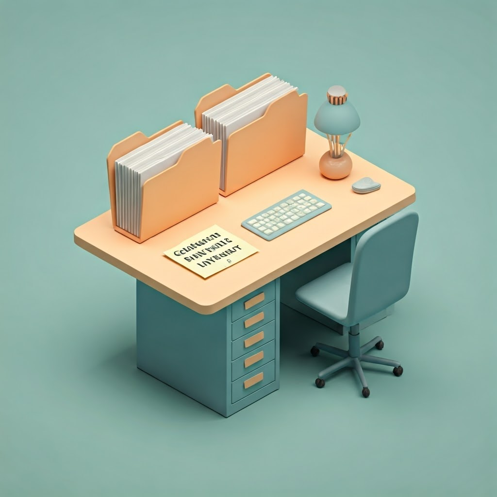 Isometric pastel desk showing folders for data, notebooks, plots, and cleaned data, hinting at Cookiecutter layout.
