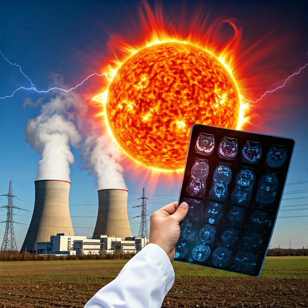 A split scene shows a nuclear plant and the blazing Sun linked by streams of released energy while a doctor holds a vivid PET scan.