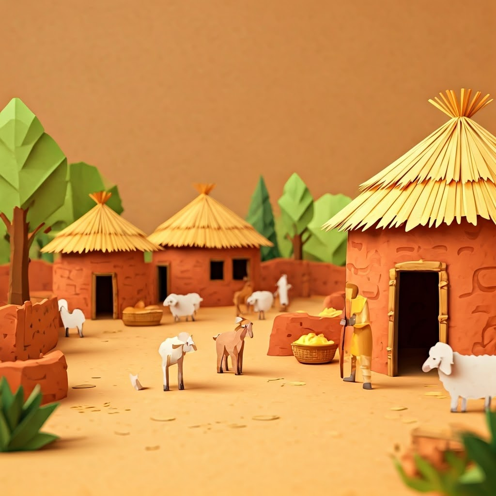 Papercraft diorama of a tiny village with mudbrick huts, grain baskets, and paper goats.