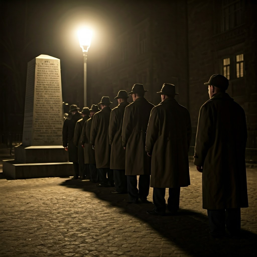 Unemployed German veterans queue beside neglected war memorial in gloomy street