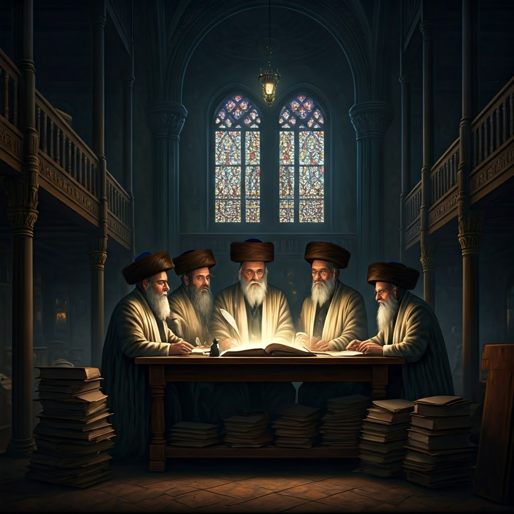 Chiaroscuro scene of rabbis debating around manuscripts, symbolizing Halakha’s living dialogue